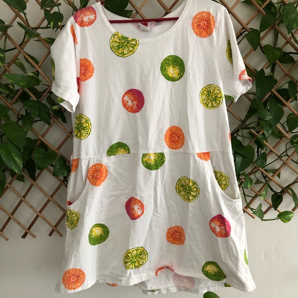 Vintage 90s Red Ginger Cotton short T-shirt dress, White with Citrus Print